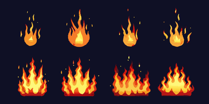 Cartoon fire spritesheet with multiple flame animations and variations