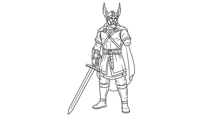 Fototapeta premium Viking Warrior with Sword and Helmet, Line Art Illustration