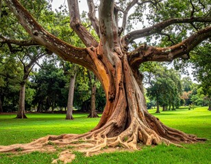 Obraz premium Magnificent Old Tree with Exposed Roots Standing Proudly in a Lush Green Meadow.