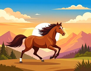 Obraz premium Majestic Brown Horse Galloping Across a Scenic Landscape at Sunset.