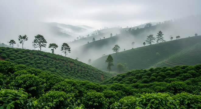 Misty coffee plantation on rolling hills in Coorg, Karnataka, In