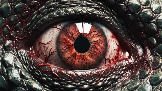 Close-up of a monstrous bloodshot eye with dark reptilian scales