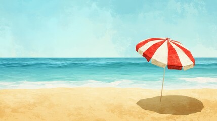 14.Vibrant beach illustration with bold red and white striped umbrella casting a shadow on golden sand, textured blue sea with gentle waves, soft gradient sky, warm coastal atmosphere, stylized