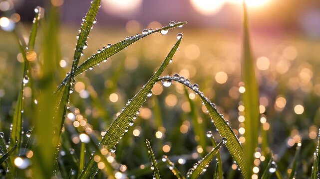 Dewdrops on grass blades in the soft morning sun, a sign of spring