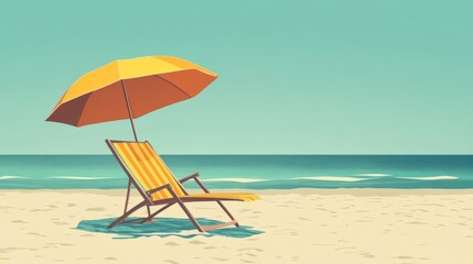 Fototapeta premium 21.Colorful deck chair positioned under sunshade umbrella, smooth vector shading, calm seaside tones, minimalist composition, breezy summertime vibe.