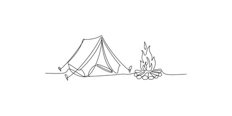 Simple black and white line art illustration of a cozy campsite with a tent and a warm campfire. © Line Art Gallery