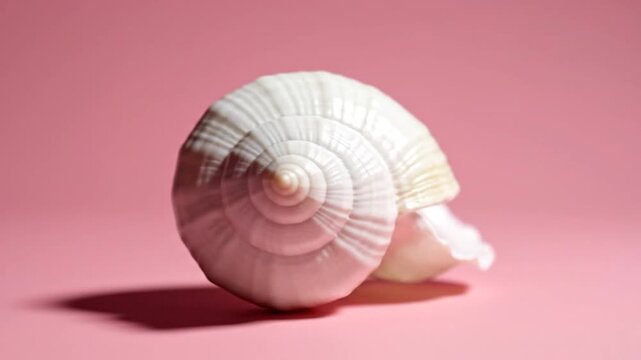 Close-up of a white seashell on a vibrant pink background, showcasing its intricate spiral patterns and smooth texture.