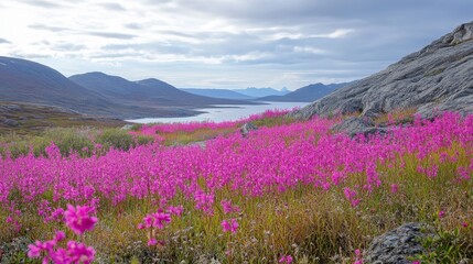 Obraz premium 31.Concept = Dwarf fireweed, local name Niviarsiaq, Greenland national flower. Drygalski Peninsula, Greenland