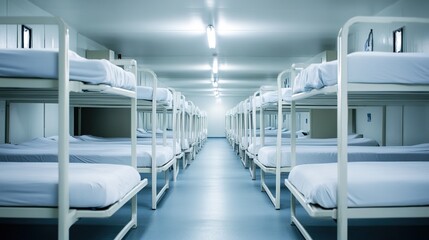 Fototapeta premium barracks. Immaculate modern barracks room with perfectly made beds and lockers. real-estate listings, architecture portfolios, designed for real-estate listing and luxury residence showcases.