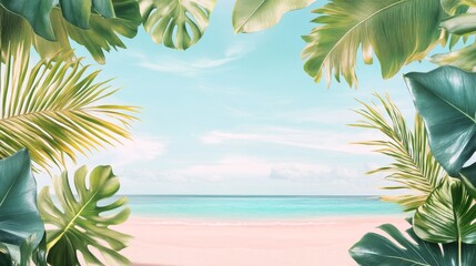 Fototapeta premium 41.Sun-soaked sandy coast with dreamy aqua horizon, decorative monstera and banana leaves encircling central space, soft flat textures, balanced symmetry, relaxed holiday aesthetic.