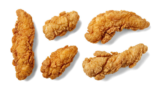 crispy golden brown fried chicken tenders on a clean white background, overhead shot for food photography.