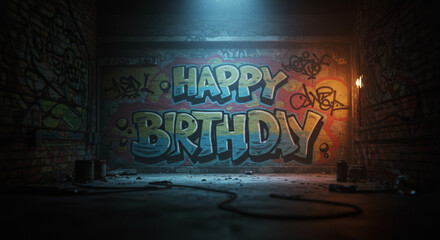 Happy Birthday Graffiti Art on Brick Wall in Urban Setting