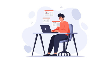 Man Working on Laptop with Calendar Notifications, Time Management Concept