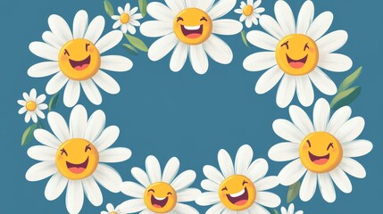 60.Group of smiling daisy characters arranged in circular composition, expressive gestures, smooth vector lines, bright playful color scheme, lively and cute aesthetic.