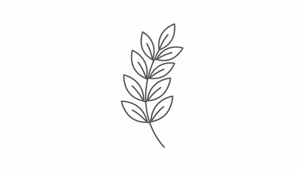 Minimalist line art of a delicate green leaf sprig on a white background, elegant botanical illustration