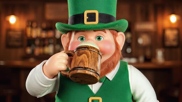 A cheerful leprechaun in a green vest and hat drinks from a wooden mug in a cozy pub.