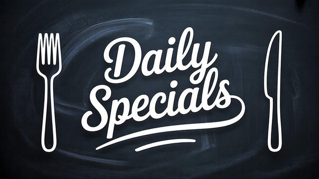 Daily specials restaurant menu text on chalkboard background with fork and knife illustration