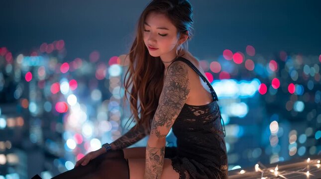 a photograph of an asian woman with long hair and tattoos leaning over the edge of a roof in tokyo at night, wearing a black lace top and stockings, shot on a canon eos r5,