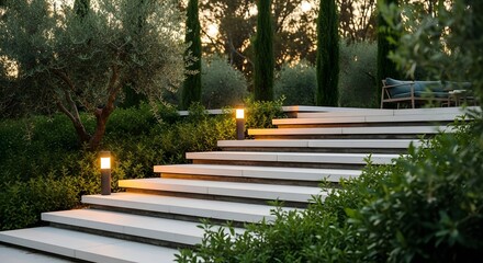 Obraz premium A peaceful stairway path through a green garden park surrounded by trees and flowers under the sky