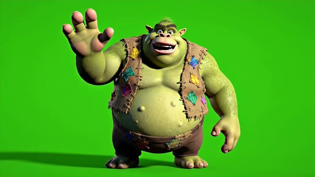 Friendly animated green troll character with a patched vest, standing with hands on hips and smiling on a green screen. Mythical creature for fantasy stories and games.