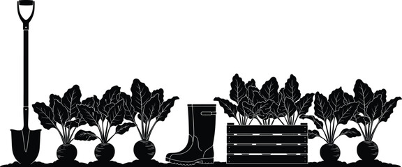 Black and white vector silhouette of a garden beet harvest with a shovel rubber boots and a wooden crate on a white background. © MdMohibul