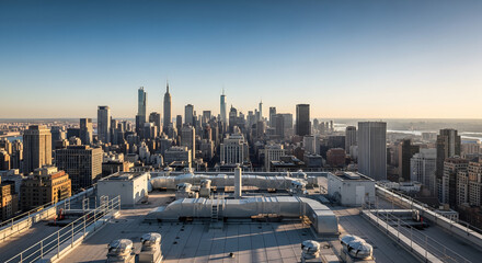 Fototapeta premium Panoramic View of the New York City Skyline from an Urban Roofto