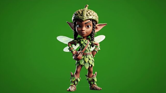 Cute Cartoon Fairy or Forest Sprite Character with Acorn Helmet on Green Screen Background
