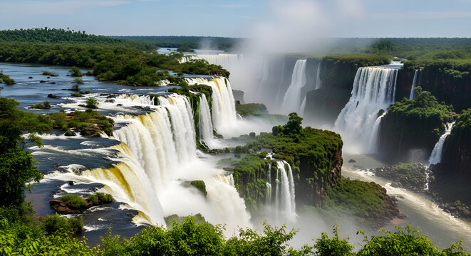 Panoramic view of the powerful Iguazu Falls surrounded by lush g