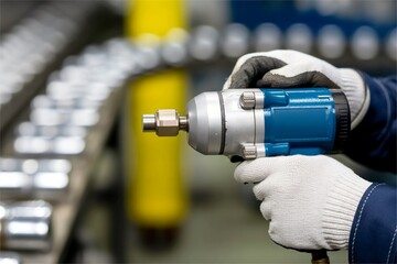 worker hold pneumatic impact wrench in factory. Industrial maintenance