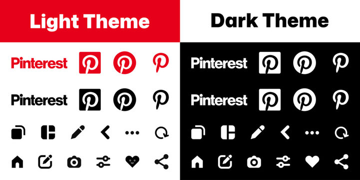 Pinterest application icons collection with branding logo and user interface symbols for mobile apps.