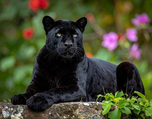 Majestic Black Panther Resting on Stone Ledge with Vibrant Floral Background.