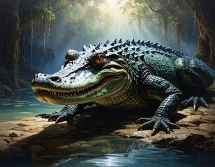 Fototapeta premium Majestic Alligator Resting on a Rocky Shore in a Lush, Green Swamp Environment.