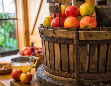 Traditional wooden cider press with fresh apples and juice