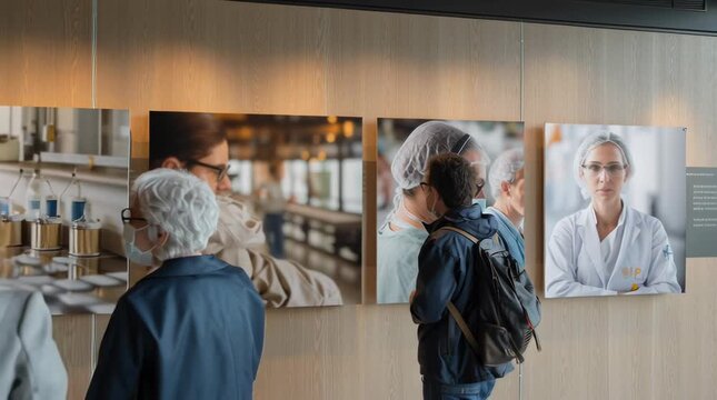 Documentary-style color photographic exhibition. The images on display show the medical team of a modern health clinic and the people who receive treatment there. The exhibition is located in the lobb