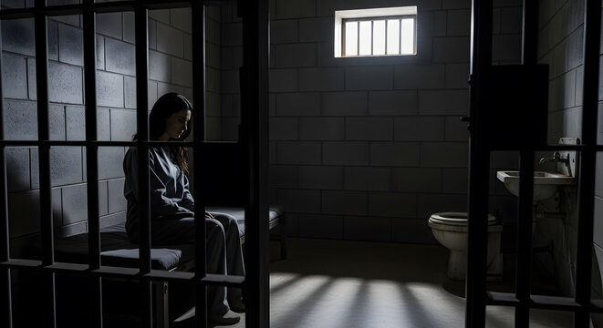 A woman sitting alone on a bunk inside a dark prison cell with light streaming through a small barred window