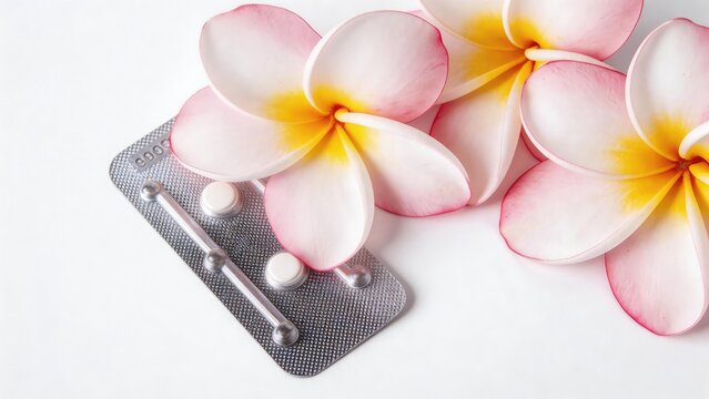 Oral contraceptive pills are placed on a white background and decorated with frangipani flowers, symbolizing care for women's emergency medication.