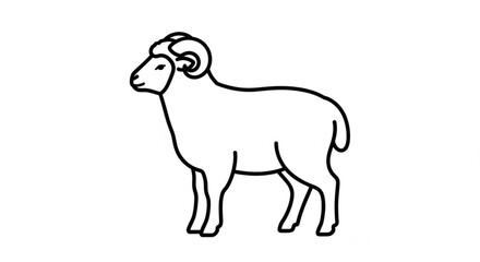 A black line drawing of a ram standing on white background with curved horns and strong legs