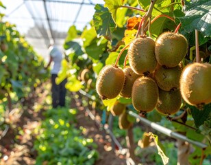Ripe kiwi fruits on a vine in a sunny orchard