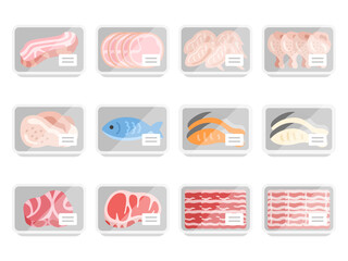 スーパーのパックに入った、鮮魚とお肉のアイコンのイラストセット