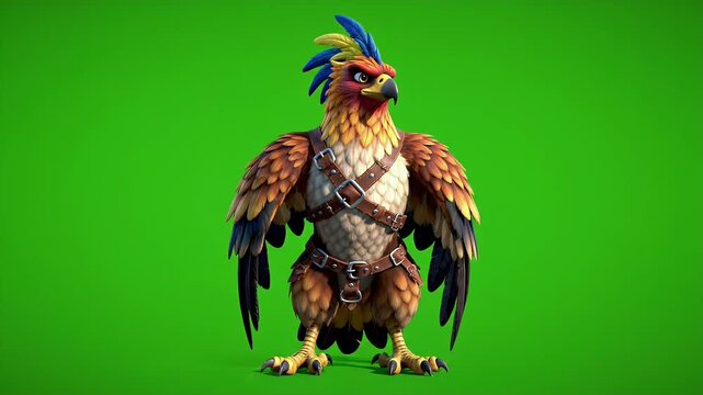 Fierce Eagle or Bird of Prey Warrior Character with Leather Armor on Green Screen Background