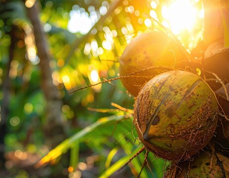 Coconuts on palm tree in tropical sunlight