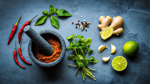 Fresh herbs spices chili garlic and lime with mortar on dark background