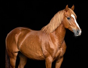 Obraz premium Majestic Chestnut Horse in Profile Against a Black Background, Elegant Equine Portrait.
