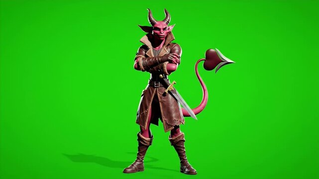 Demonic Devil Tiefling Character with Horns and Tail in Leather Coat on Green Screen