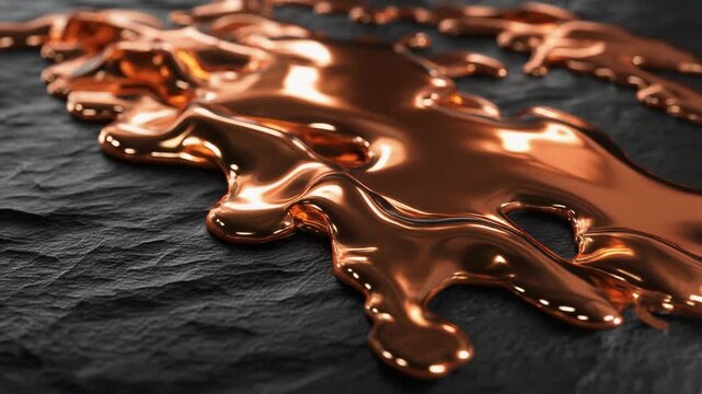 Shiny flowing molten copper liquid metal texture gleaming on a dark textured rock surface creating an artistic reflective wave pattern abstract background