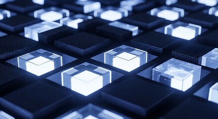 Obraz premium Abstract glowing transparent cubes on dark digital surface pattern
