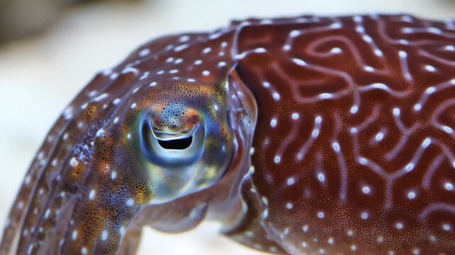 Detailed close up of a cuttlefish eye with unique iridescent skin patterns