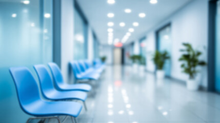 Fototapeta premium A blurry image of the interior of a modern hospital clinic. Blue chairs in the patient waiting area.