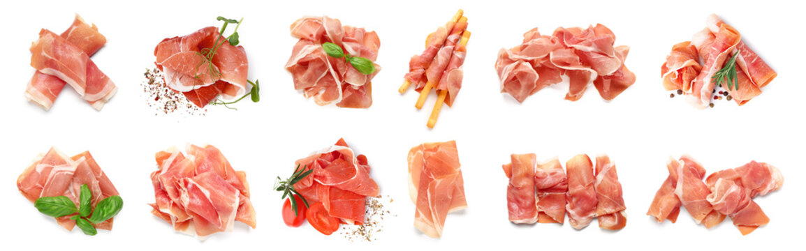 Collage of slices of tasty jamon on white background