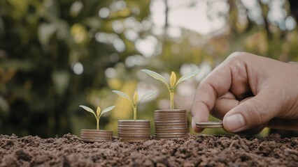 Sustainable financial growth and savings concept with plant and coins